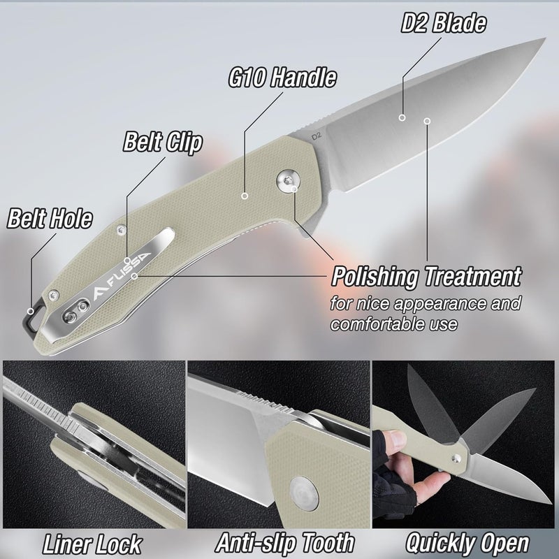 FLISSA Pocket Knife, Folding Tactical Knife with G10 Handle, D2 Blade, Liner Lock, Pocket Clip, EDC Knife for Hiking, Camping, Survival, Indoor and Outdoor Activities(Brown) - Image 4